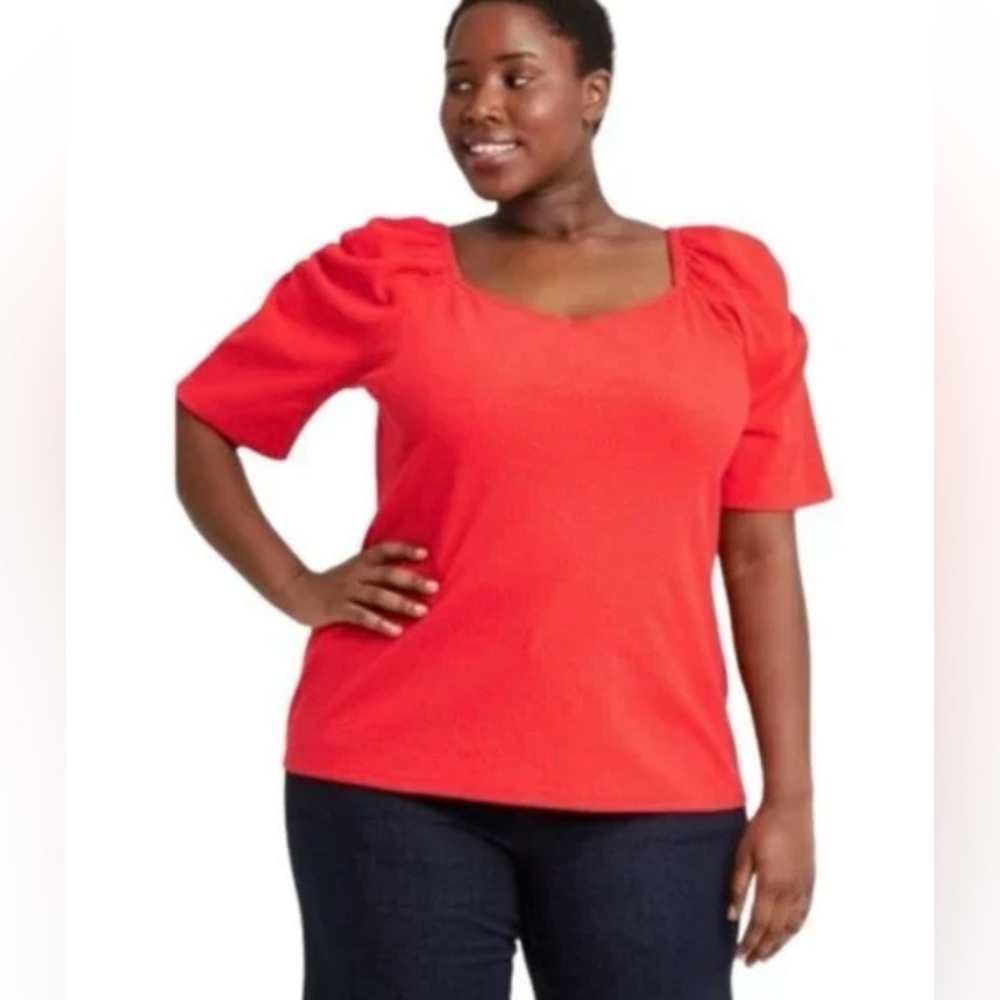 Ava & Viv Red Puffed Short Sleeve Blouse